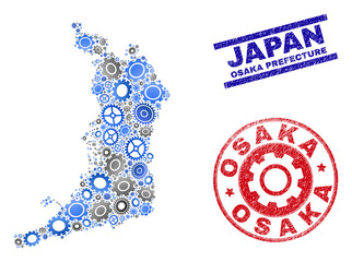 Industrial vector Osaka Prefecture map composition and seals. Abstract Osaka Prefecture map is designed of gradient scattered gear wheels. Engineering territory plan in gray and blue colors,