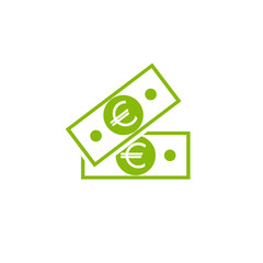 Green bank note with euro sign. Flat icon isolated on white. Money pictogram. Dollar and cash, coin