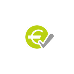 Green circle with euro sign and grey ok tick. Flat icon. Isolated on white. Pay sign. Accept button. Check box.