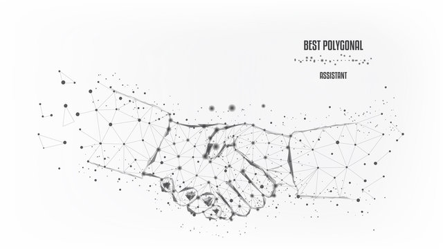 Handshake from triangles and luminous points. Concept of a successful business project. Black-and-white. Vector Polygonal illustration. Low poly.