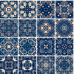 Set of tiles, blue and white azulejo, original traditional Portuguese and Spain decor.