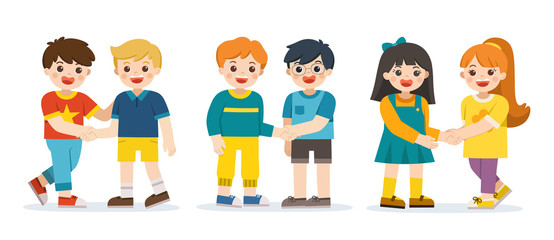 Happy Kids standing and shaking hands making peace. Happy kids best friends. Happy Kids catching each other's hand. School friendship.