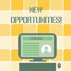 Fototapeta premium Conceptual hand writing showing New Opportunities. Concept meaning exchange views condition favorable for attainment goal Computer Mounted on Stand with Online Profile Data on Screen