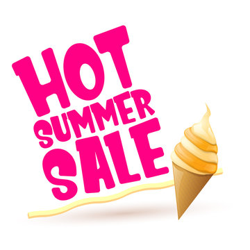 hot summer sale label or tag with melting ice cream. Vector hot summer sale pink banner or icon.