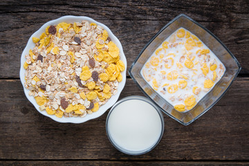 Granola and muesli with fruits. Top view