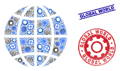 Mechanics vector planet globe collage and seals. Abstract planet globe is done with gradient scattered gearwheels. Engineering territory scheme in gray and blue colors,