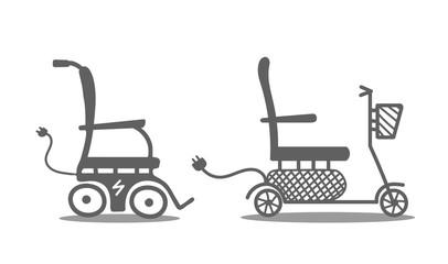 Design concept set of electric wheelchair, manual wheelchair and disabled carriage icons. Can use for website and mobile website and application. Vector illustration with background.