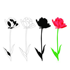 Set of flowers tulip, vector silhouettes , black, green and red colors, isolated on white background