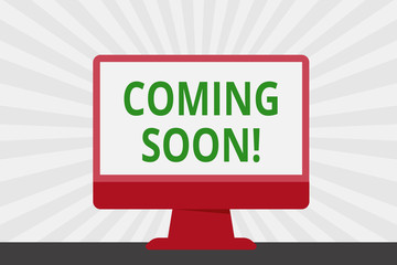 Handwriting text Coming Soon. Conceptual photo event or action that will happen after really short time Blank Space Desktop Computer Colorful Monitor Screen Freestanding on Table