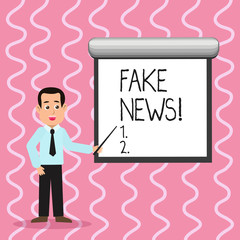 Text sign showing Fake News. Business photo text false stories that appear to spread on internet using other media Man in Necktie Talking Holding Stick Pointing to Blank White Screen on Wall