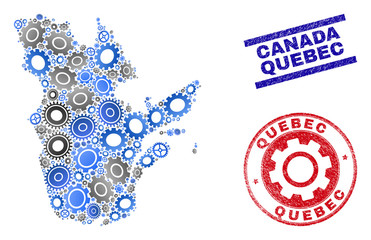 Wheel vector Quebec Province map mosaic and seals. Abstract Quebec Province map is composed with gradiented scattered gear wheels. Engineering territory scheme in gray and blue colors,