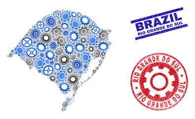 Workshop vector Rio Grande do Sul State map collage and stamps. Abstract Rio Grande do Sul State map is done with gradiented randomized gears. Engineering territorial scheme in gray and blue colors,