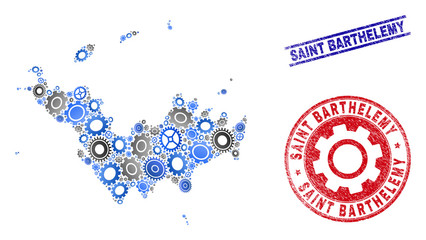 Industrial vector Saint Barthelemy map collage and stamps. Abstract Saint Barthelemy map is organized with gradiented randomized gears. Engineering territory scheme in gray and blue colors,