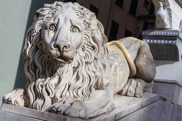 Lion statue at the entrance of the San Lorenzo Cathedral in Genoa, Liguria, Italy