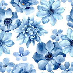 Watercolor seamless pattern with blue flowers. Poppies, anemones and summer bright flowers. Summer decoration print for wrapping, wallpaper, fabric.