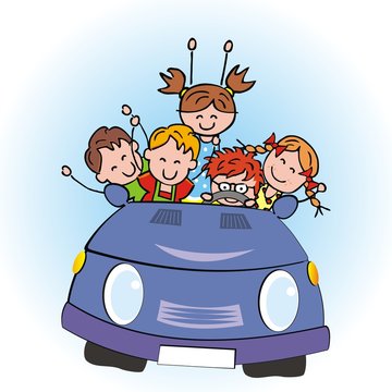 kids riding blue car cartoon clip art preview