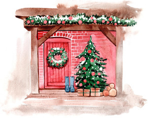 Original watercolor painting. Christmas card. Snow-covered mountains. Red house with Christmas decoration