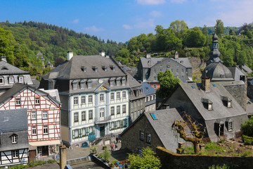 The famous old town of Monschau in Germany, from above. The town hall, the red house and the evangelic chruch can be seen as well well as half-timbered houses.