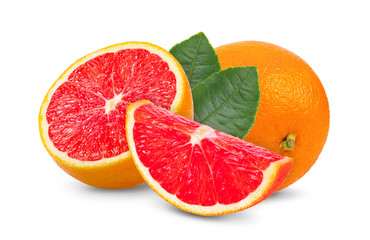 pink orange or grapefruit with leaf isolated on white background . full depth of field