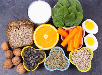 Ingredients containing vitamins B1 (thiamine). Healthy eating concept.