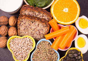 Ingredients containing vitamins B1 (thiamine). Healthy eating concept.