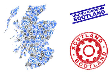 Service vector Scotland map mosaic and seals. Abstract Scotland map is formed with gradiented randomized cogs. Engineering territorial scheme in gray and blue colors,