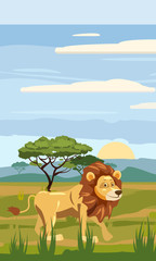 Lion on the background of the African landscape, savanna, Cartoon style