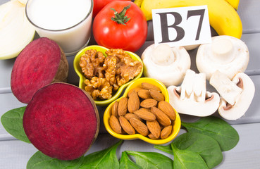 Healthy products and ingredients as source vitamin B7 (biotin), dietary fiber and natural minerals, concept of nutritious eating.
