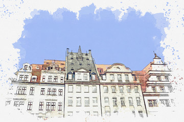 Watercolor sketch or illustration of a beautiful view of traditional old buildings in Leipzig in Germany.