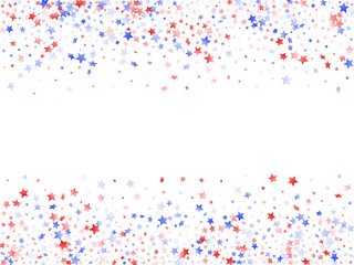 Flying red blue white star sparkles on white vector american patriotic background.