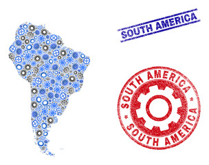 Industrial vector South America map collage and seals. Abstract South America map is formed with gradiented scattered gear wheels. Engineering territory scheme in gray and blue colors,