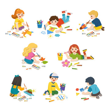 Set of Happy Children draw pictures and paints on floor. Back to School. Group of Art kids. Isolated vector.