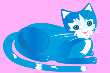 Blue cat with big eyes on a pink background. Flat vector illustration.