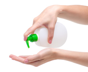 White bottle soap with dispenser in hand on white background isolation