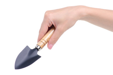 gardening tools shovel in hand on white background isolation