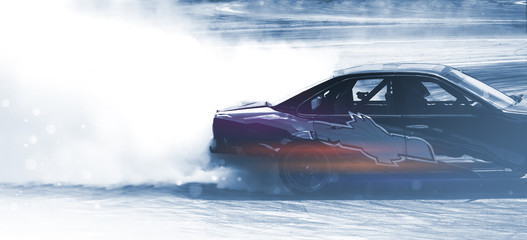 Plakat Sport car wheel drifting. Blurred of image diffusion race drift car with lots of smoke from burning tires on speed track. Sport concept,Drifting car concep