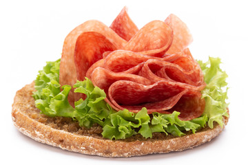 Sandwich with ham sausage on white background.