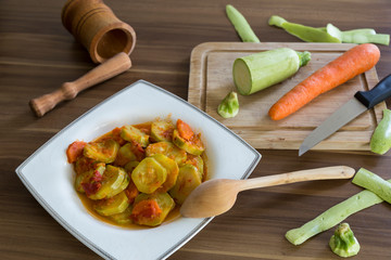olive oil zucchini food in the white plate on the wooden table for restaurant or kitchen concept.