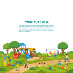 Happy excited kids having fun together on playground. Children play outside with sky background. Colorful isometric playground elements with Kids. Template for advertising brochure.