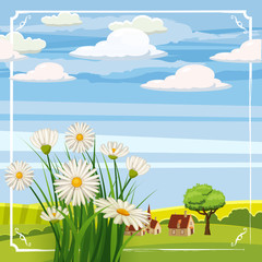 Fototapeta na wymiar Fresh spring background with grass, dandelions and daisies. Vector