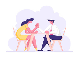 Business People Armwrestling. Man and Woman Fighting on Hands Sitting at Table. Business Competition, Challenge, Leadership Concept with Male, Female Characters Fight. Cartoon Flat Vector Illustration