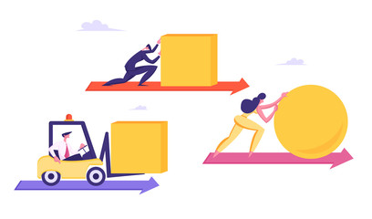 Business People Men and Woman Pushing Huge Geometric Shapes Circle and Square. Male, Female Characters Fighting in Business Competition, Challenge, Leadership Concept. Cartoon Flat Vector Illustration