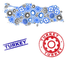 Mechanics vector Turkey map mosaic and stamps. Abstract Turkey map is designed of gradiented randomized cogs. Engineering territorial scheme in gray and blue colors,