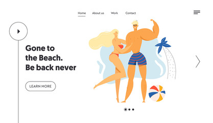 Young Happy Couple Spend Time on Exotic Resort Beach Website Landing Page, Girl in Bikini and Sporty Man Posing on Seaside Background, Leisure. Web Page. Cartoon Flat Vector Illustration, Banner