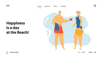 Couple of Senior People on Seaside Website Landing Page, Elderly Characters on Exotic Resort Beach, Leisure, Summer Vacation, Retirement People Relax Web Page. Cartoon Flat Vector Illustration, Banner