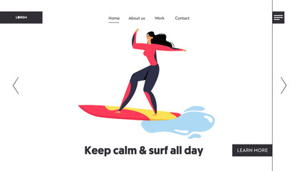 Surfing Competition, Woman in Swimwear Riding Surf Boards by Waves. Sportswoman Sparetime, Sport Activity, Healthy Lifestyle. Website Landing Page, Web Page. Cartoon Flat Vector Illustration, Banner