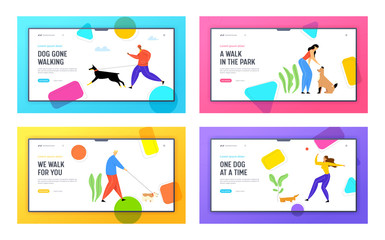 People Spending Time with Pets Outdoors Website Landing Page,Set. Characters Walking and Playing with Dogs, Relaxing Open Air, Love, Care of Animals Web Page. Cartoon Flat Vector Illustration, Banner