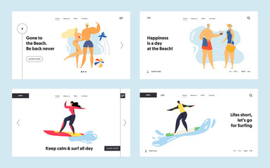 Summertime Leisure, Sport Activity Website Landing Page Set, Young and Senior People Relaxing on Beach, Surfing, Spending Time on Exotic Seaside Web Page. Cartoon Flat Vector Illustration, Banner