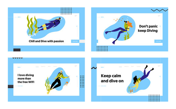 Snorkeling Characters Underwater Fun Activities Website Landing Page Set, Hobby, Swimming, Photographing, Scuba Diving with Spear Fishing Equipment Web Page. Cartoon Flat Vector Illustration, Banner
