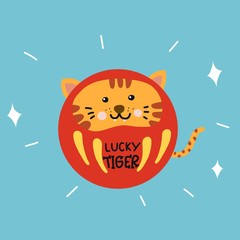 Lucky Tiger Daruma (Japanese lucky charm) cute cartoon vector illustration doodle style